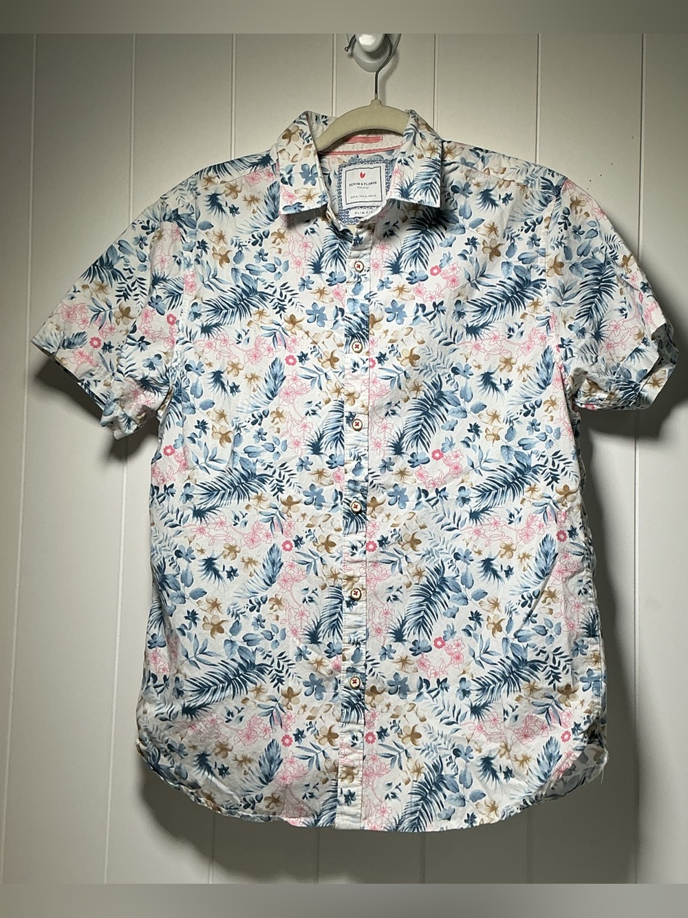 Denim & Flower Shirt Men’s Medium Slim Fit Floral Short Sleeve Button-Up Cotton
